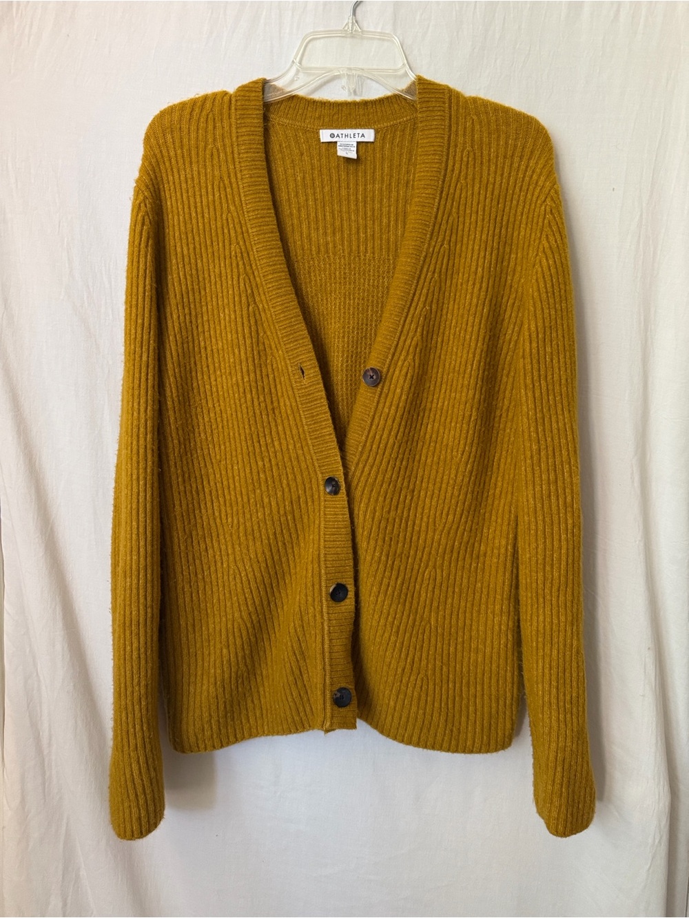 Merino Wool Ribbed Button Cardigan Mustard Yellow Athleta L